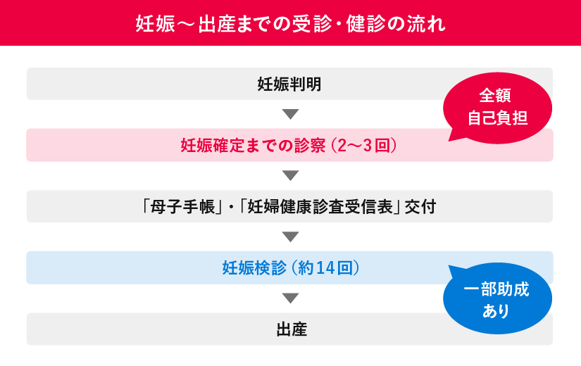 妊娠から出産までの受診の流れ図。妊娠確定までは自己負担、その後の妊婦検診（約14回）では一部助成が適用されることを示している。