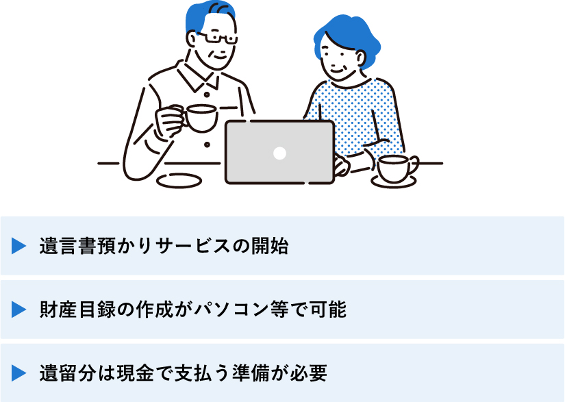 ノートパソコンを見ながらお茶を飲む男女のイラスト。下部に3つのポイントが書かれている。

1. 遺言書預かりサービスの開始
2. 財産目録の作成がパソコン等で可能
3. 遺留分は現金で支払う準備が必要