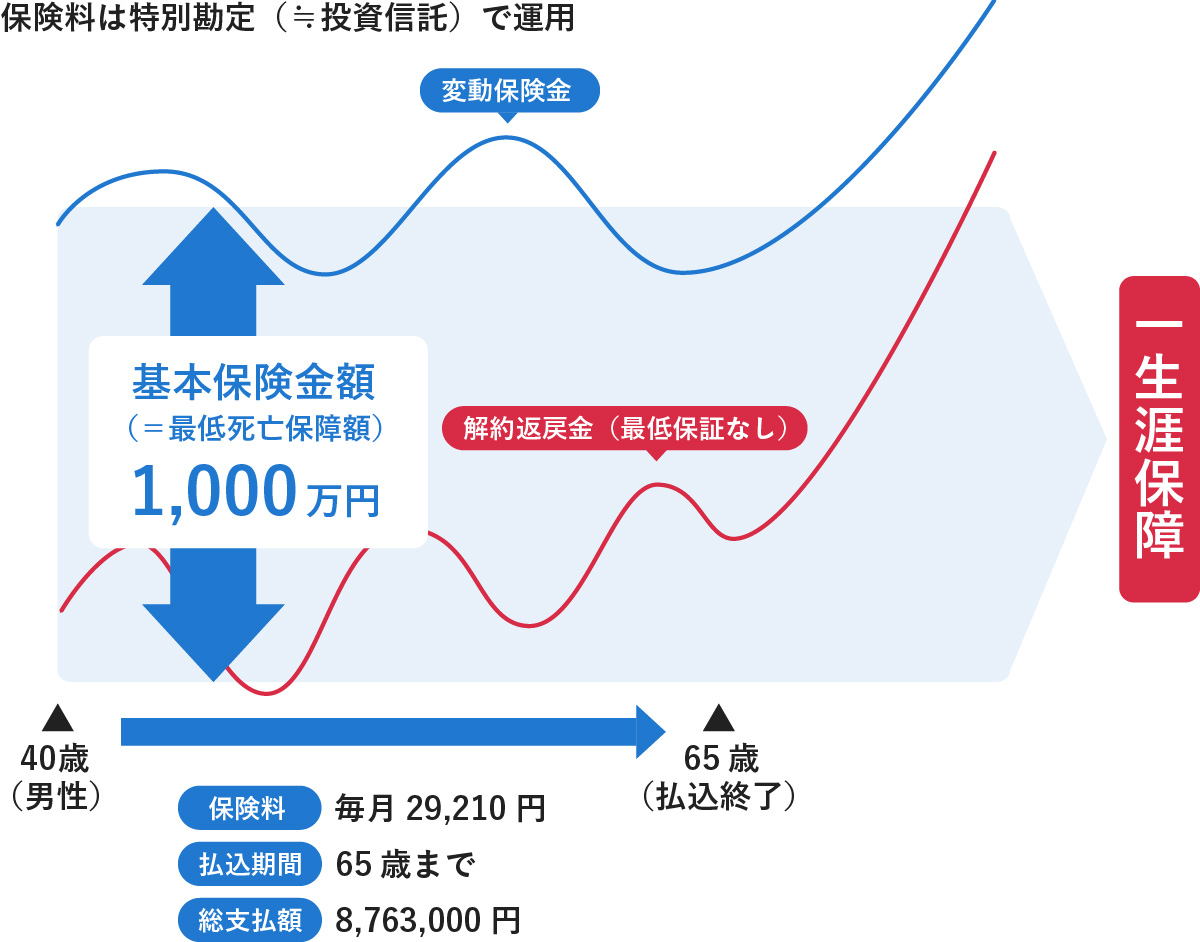 変額保険の仕組みを示す図。基本保険金額1,000万円（最低死亡保障）の一生涯保障で、運用実績により保険金や解約返戻金が変動する。40歳男性を例とした毎月の保険料29,210円、65歳までの払込期間、総支払額8,763,000円が記載されている。