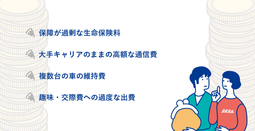 老後に見直しておきたい固定費のリスト。保障が過剰な生命保険料、大手キャリアの高額な通信費、複数台の車の維持費、趣味・交際費への過度な出費が挙げられている。