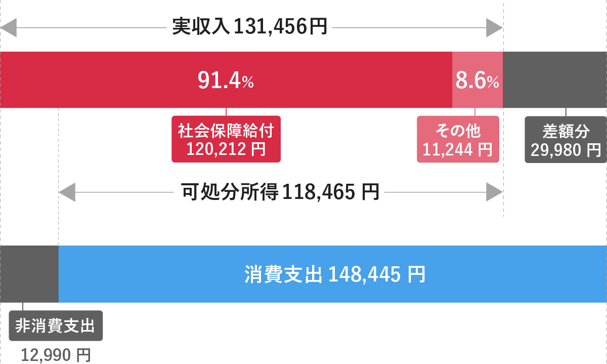 実収入131,456円とその内訳（社会保障給付91.4%、その他8.6%）、可処分所得118,465円、消費支出148,445円、非消費支出12,990円、差額分29,980円を示す帯グラフ