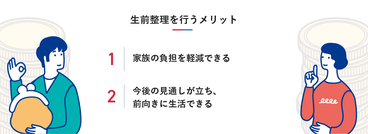 生前整理を行うメリット。1.家族の負担を軽減できる、2.今後の見通しが立ち、前向きに生活できる。
