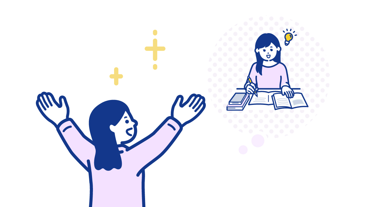 両手を挙げて喜ぶ女性と、机に向かって勉強中にひらめいている姿の吹き出しのイラスト