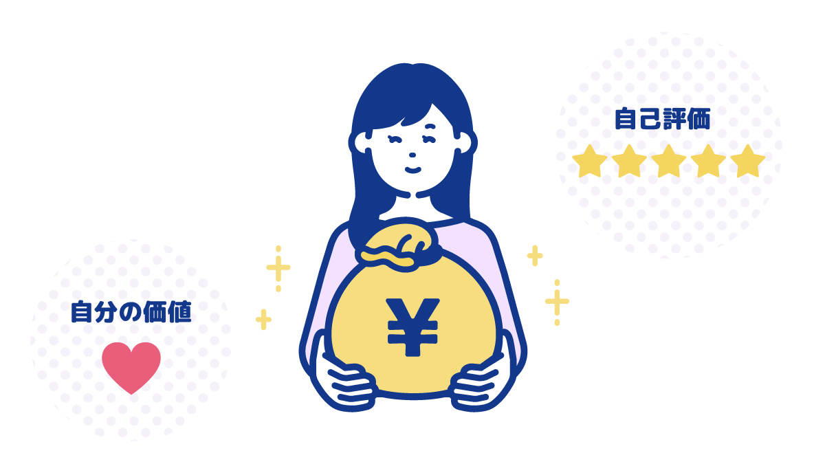 円マークが描かれた大きな袋を抱える女性と、「自分の価値」という文字にハートマーク、「自己評価」という文字に5つの星マークが添えられたイラスト