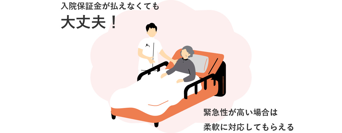 「入院保証金が払えなくても大丈夫！」「緊急性が高い場合は柔軟に対応してもらえる」というテキストと、ベッドに横たわる高齢の患者に付き添う医療スタッフのイラスト。